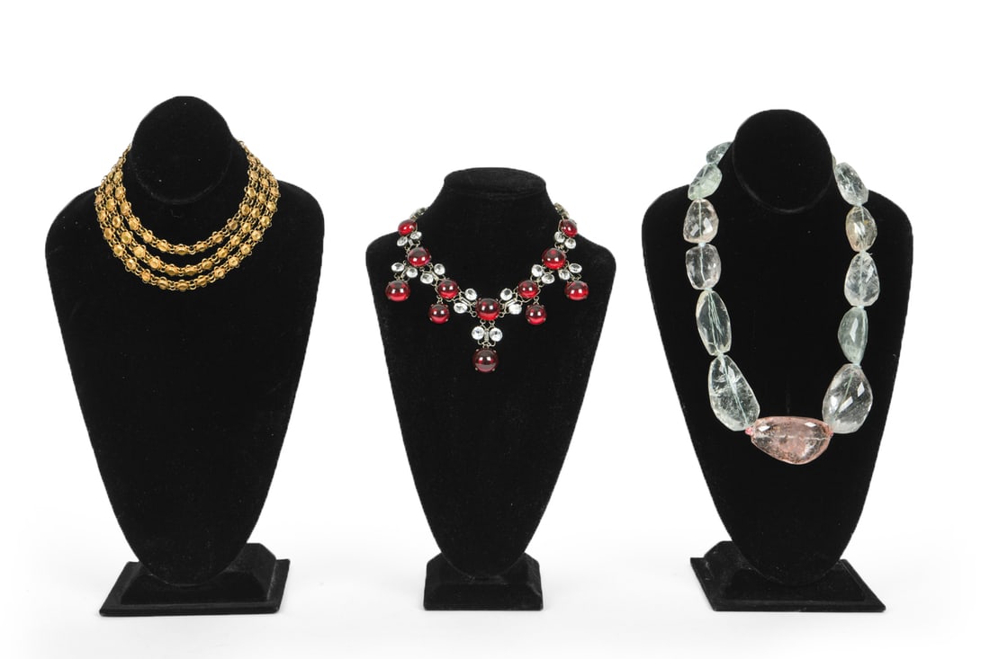 COSTUME JEWELRY NECKLACE GROUPING: All unmarked, all in cases. Dimensions: (Largest) Dia 8.25" Condition: One red glass piece loosely remaining on necklace. Patina, scratches, surface wear consistent with age and use.
