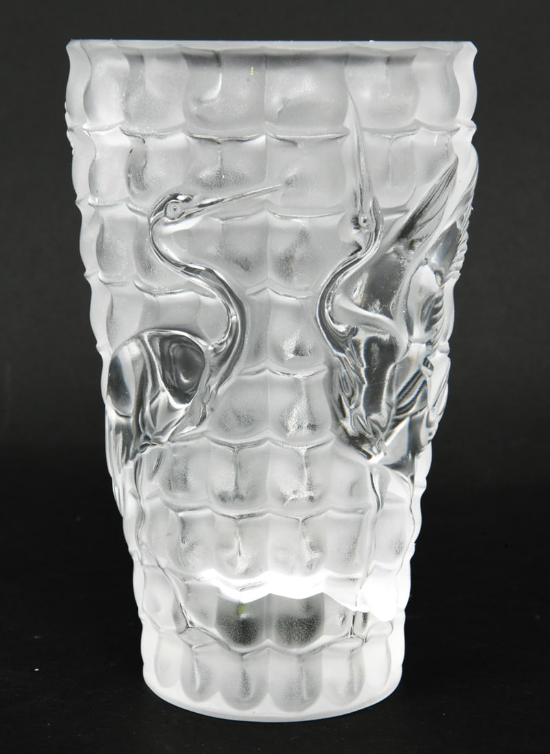 LALIQUE FRANCE FROSTED CRYSTAL IBIS VASE: Signed under base. Dimensions: H 7" x Dia. 4.25". Condition: Light scuffs. Wear consistent with age and use.