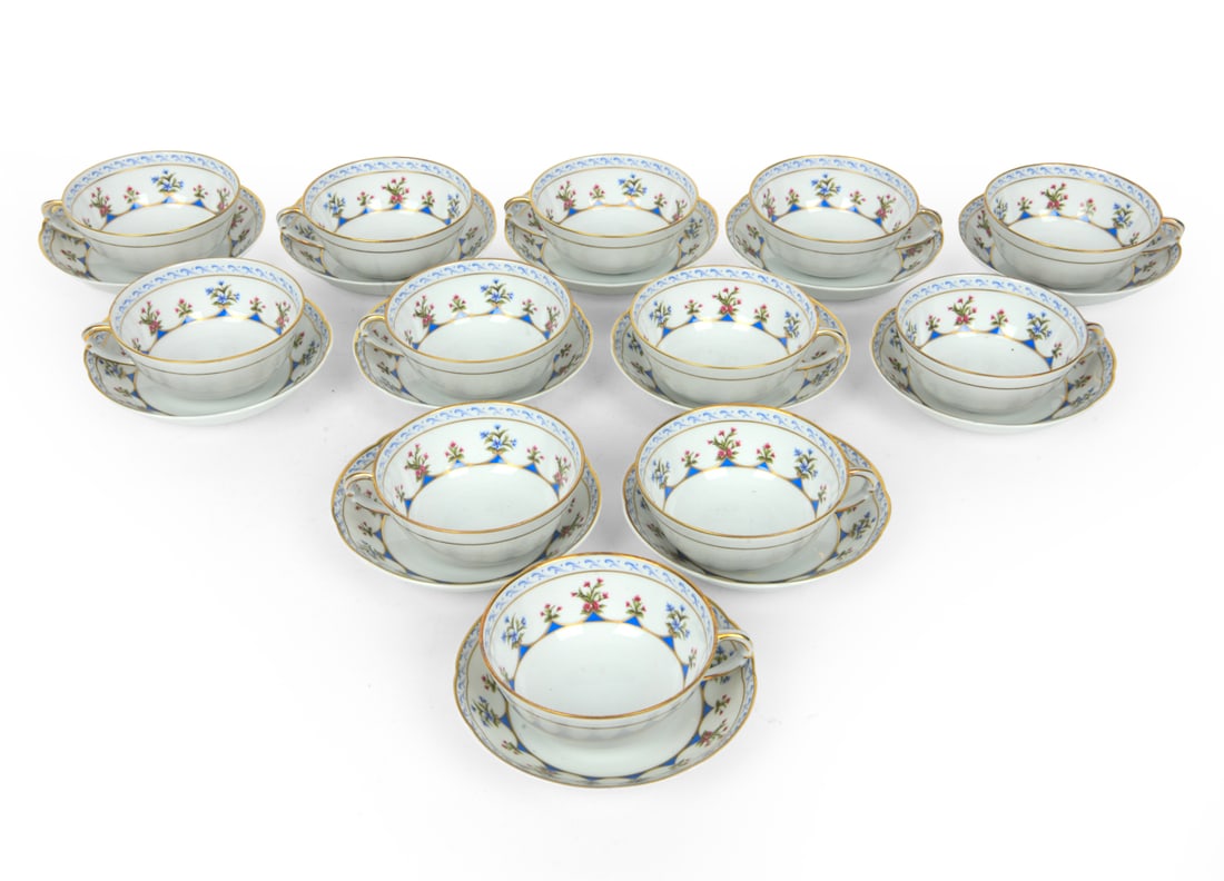 BERNARDAUD CHATEAUBRIAND LIMOGES CUPS AND SAUCERS: Marked underneath. Dimensions: Plates Dia. 5.5". Cups Dia. 4.5". Condition: Light scuffs to undersides. Wear consistent with age and use.