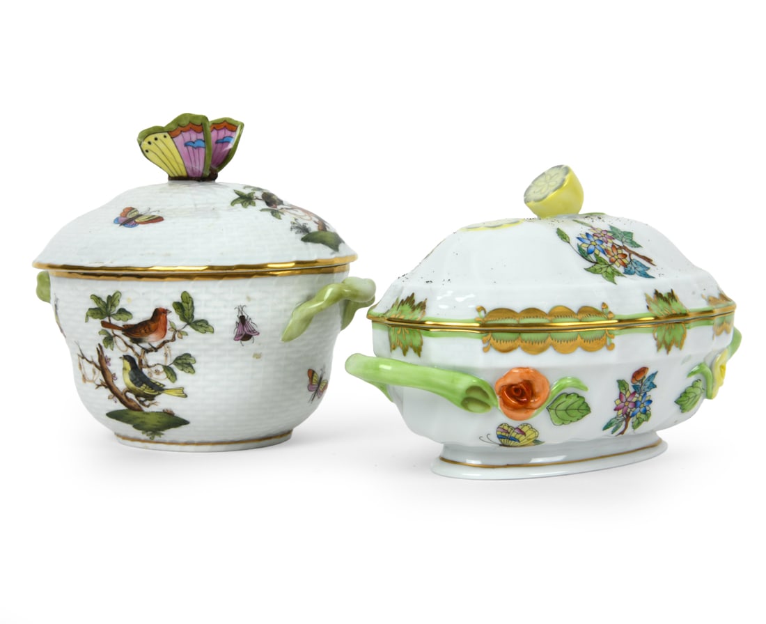 HEREND PORCELAIN GROUPING: (2) total. Queen Victoria and Rothschild Bird pattern porcelain covered bowls. Marked underneath. Hungary. 20th century. Dimensions: (Larger) H 3.75" x W 6" x D 3.25", (Smaller) H 4.25" x W 5.5" x D