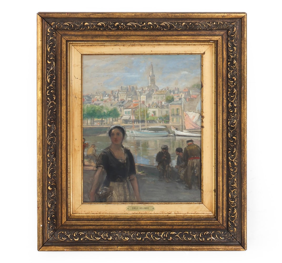 EMILE DELOBRE (1873-1956) OIL ON BOARD: Name plaque of artist in center of frame. France, circa 1910-30. Dimensions: (Frame) H 24.5" x W 21.25" (Board) H 16.5" x 13" Condition: Scuffs and wear of finish on frame. Board loose from frame.