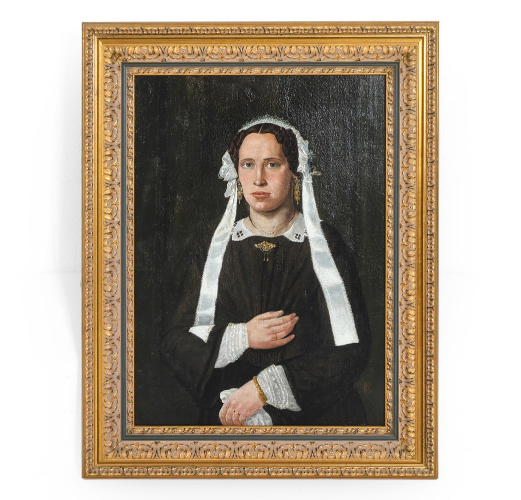 PORTRAIT OIL ON CANVAS D. 1857: Signed "CH" and dated 1857 bottom right hand corner. American folk art portrait. Dimensions: (Frame) H 38.25" x W 29.5" (Canvas) 30" x W 21.25" Condition: Completely relined and re stretched and frame