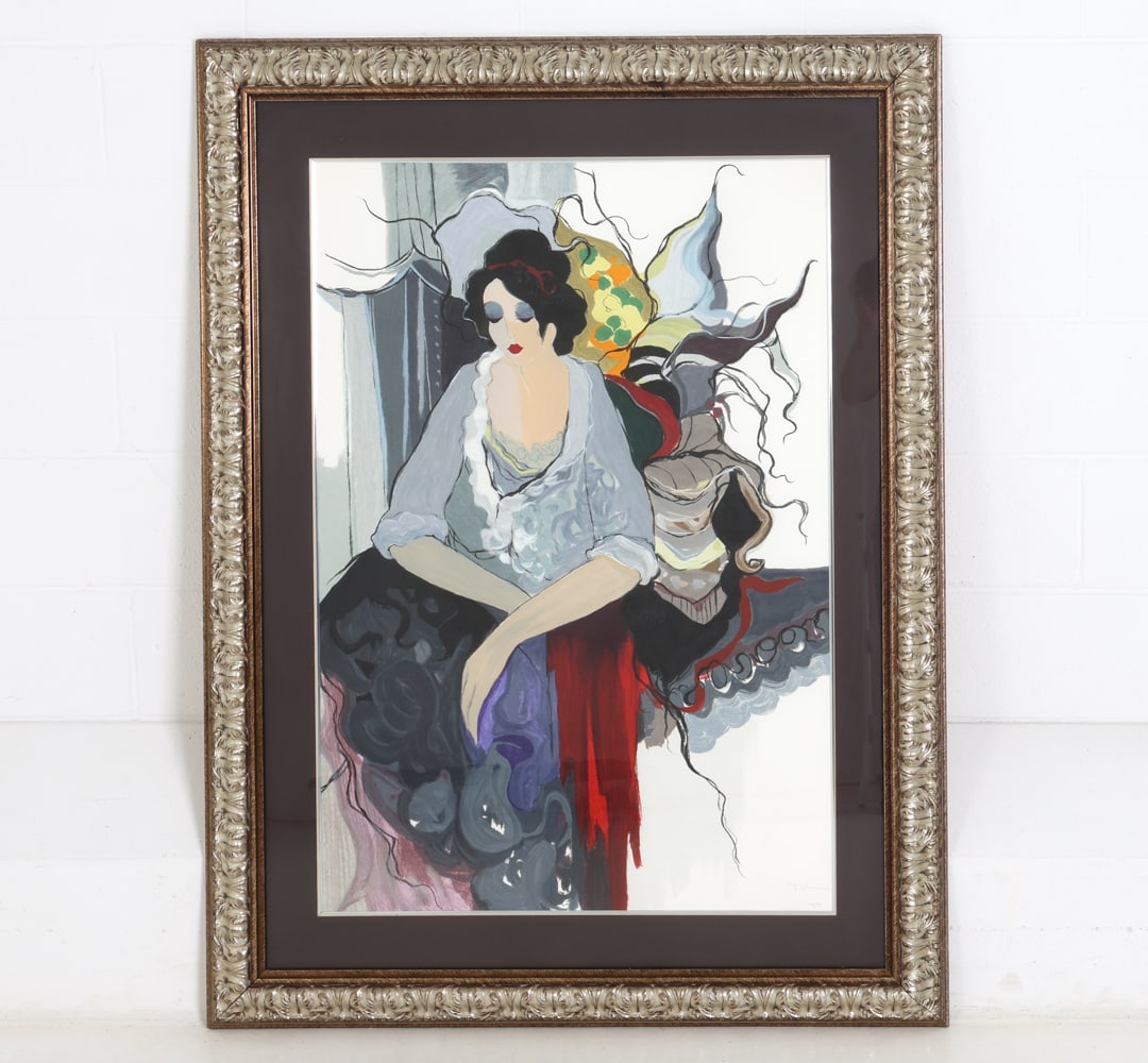 ITZCHAK TARKAY (1935-2012) SERIGRAPH 49/350: Certificate of authenticity taped on back. Signed, stamped, and numbered on bottom right hand corner. "Thoughts of Love." Circa 1986-87. Dimensions: (Frame) H 56.5" x W 42.5" (Print) H 42.5" x W 29.25