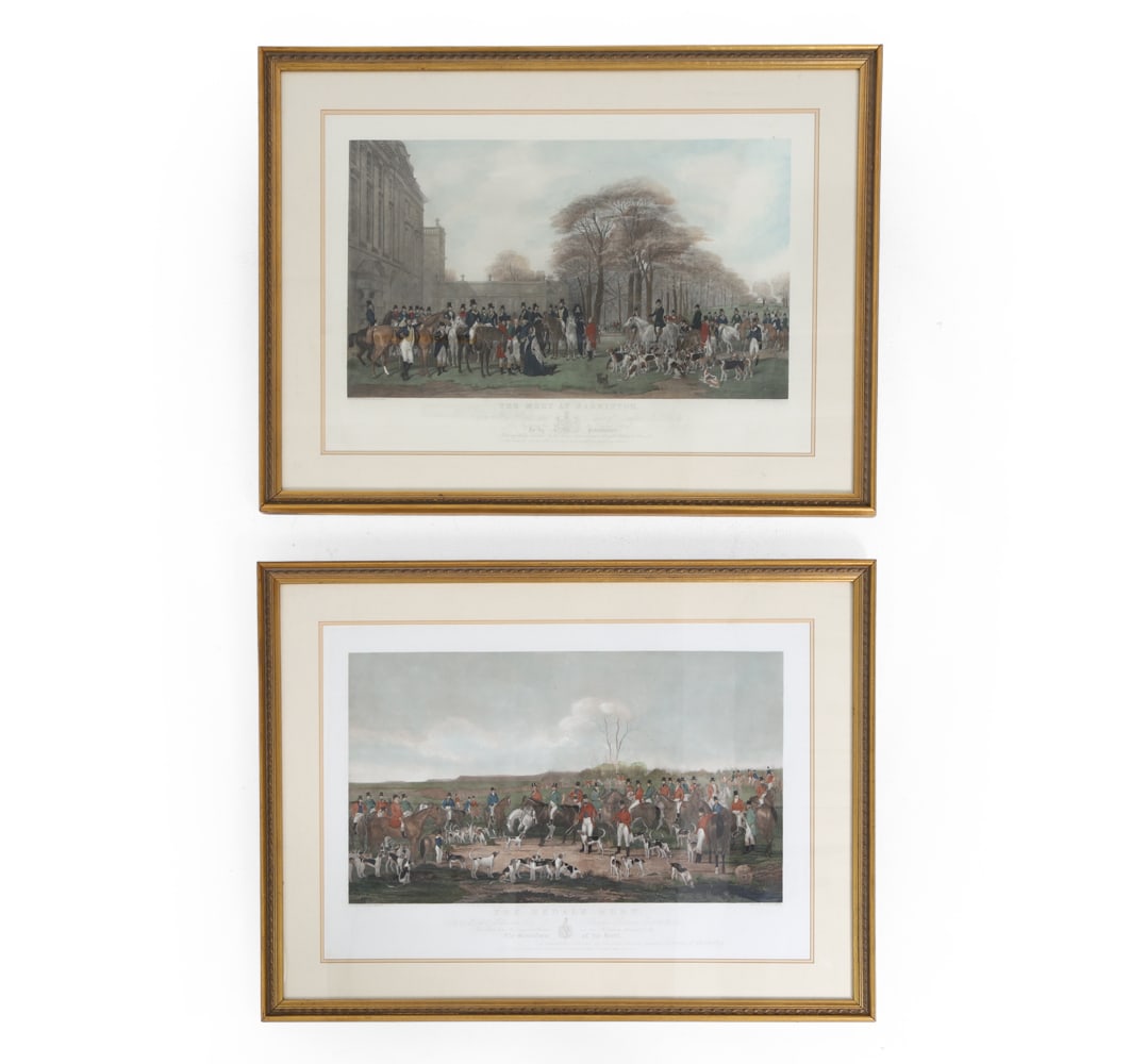 BRITISH HUNTING PRINTS C. 1840S: Titled and publishers identified at bottom of both. Dimensions: (Frame) H 30.25" x W 40.25" (Print) H 22" x W 31.75" Condition: Minor scuffs on frames.