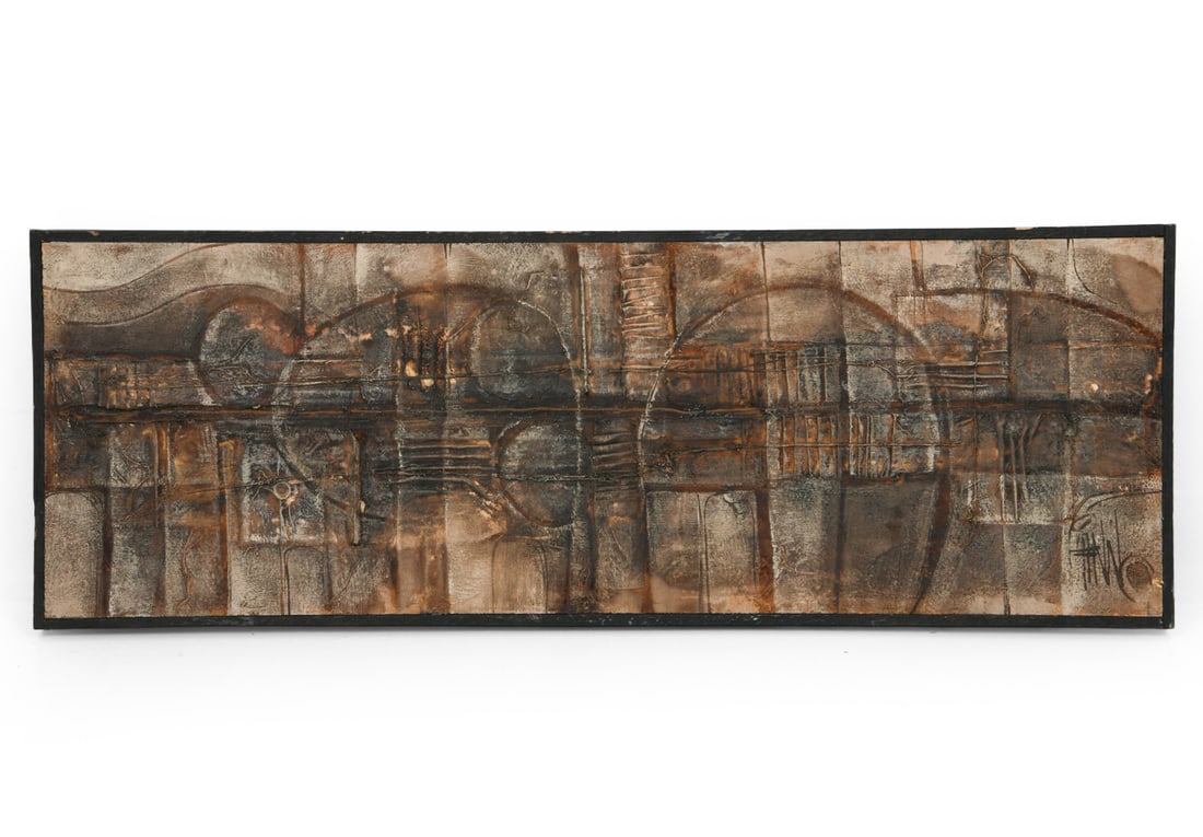 FINN LORENTZEN (1945-1984) ABSTRACT MIXED MEDIA: Signed to lower right. Textured mixed media on board with collage elements. Denmark, circa 1970s. Dimensions: Frame H 14" x W 39.5". Board H 13.25" x W 38.75". Condition: Dings to edges of frame. Wear