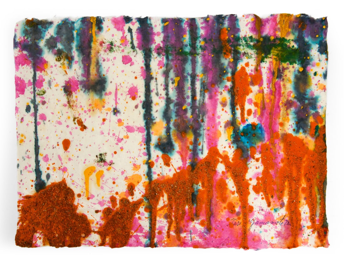 TARO YAMAMOTO (1919-1994) MIXED MEDIA: Signed and dated 1972 bottom right hand corner. Mixed media on handmade paper. Dimensions: H 12.5" x W 16.75" Condition: Pinholes from previous framing. Wear consistent with age and display.