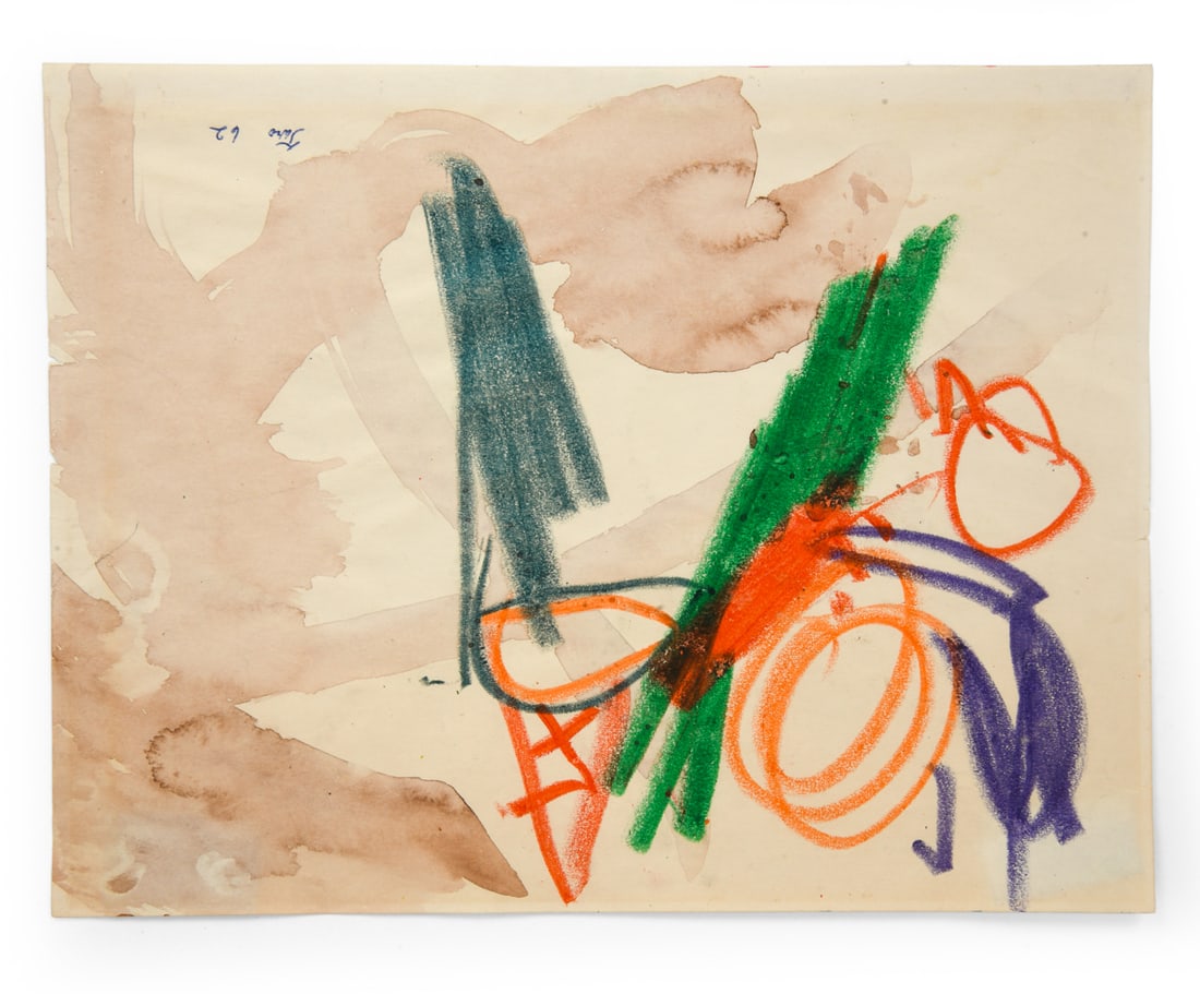 TARO YAMAMOTO (1919-1994): Signed and dated 1962 on bottom right hand corner. Watercolor and crayon on paper. Dimensions: H 8.5" x W 11" Condition: Small tears on exterior, slight discoloration from previous frame. Wear consist