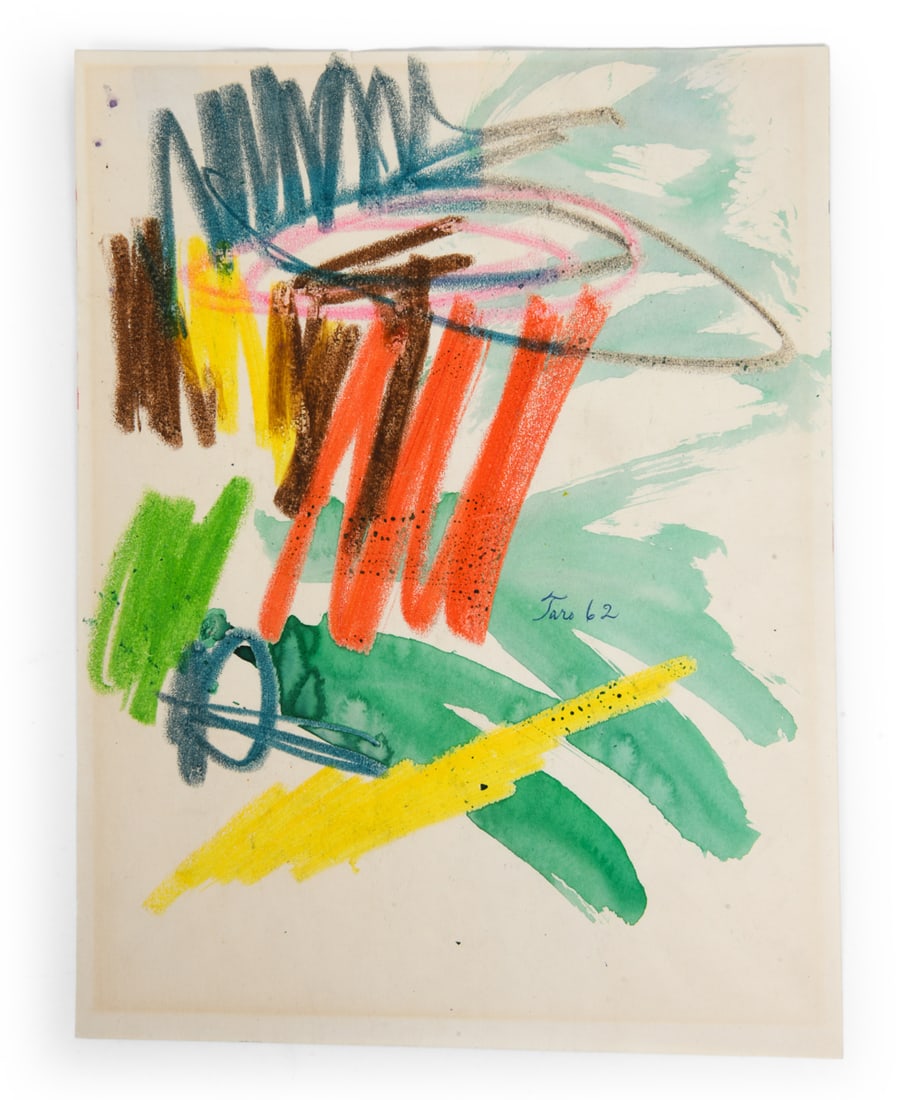 TARO YAMAMOTO (1919-1994): Signed and dated 1962 on right. Watercolor and crayon on paper. Dimensions: H 11" x W 8.5" Condition: Slight discoloration from previous frame. Wear consistent with age and display.
