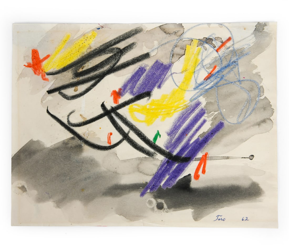 TARO YAMAMOTO (1919-1994): Signed and dated 1962 on bottom right hand corner. Watercolor and crayon on paper. Dimensions: H 8.5" x W 11" Condition: Minor folds and wrinkles, slight discoloration from previous frame.