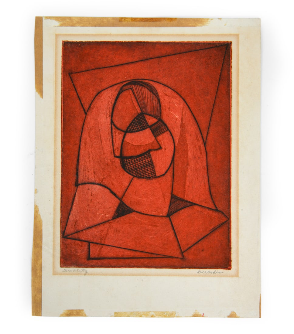 HELEN GERARDIA (1903-1988) "DUALITY" ETCHING: Drypoint Etching. Comes with note from artist. Signed and titled on right and left hand corners. Dimensions: H 8" x W 6" Condition: Scuffs and tape residue on exterior. Wear consistent with age and di