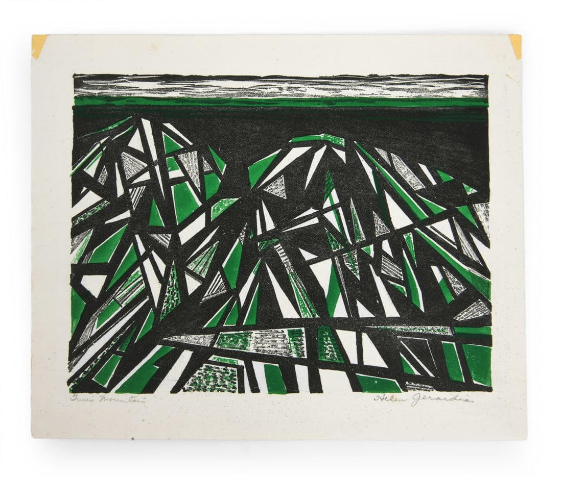 HELEN GERARDIA (1903-1988) SERIGRAPH: Note from "Collectors of American Art". Titled "Twin Mountains". Signed and titled on bottom right and left hand corners. Dimensions: H 7.75" x W 9.75" Condition: Tape marks on exterior. Wear consiste