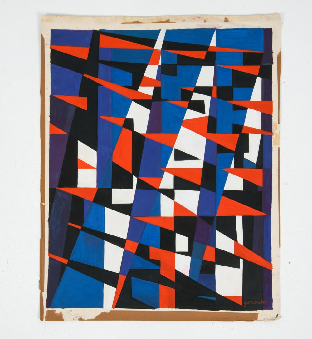 HELEN GERARDIA (1903-1988) ABSTRACT: Signed bottom right hand corner. Hand notations by artist. "Red Penetration." Casein on paper. Dimensions: H 30" x W 24" Condition: Minor scuffs, creases, and tape residue on exterior.