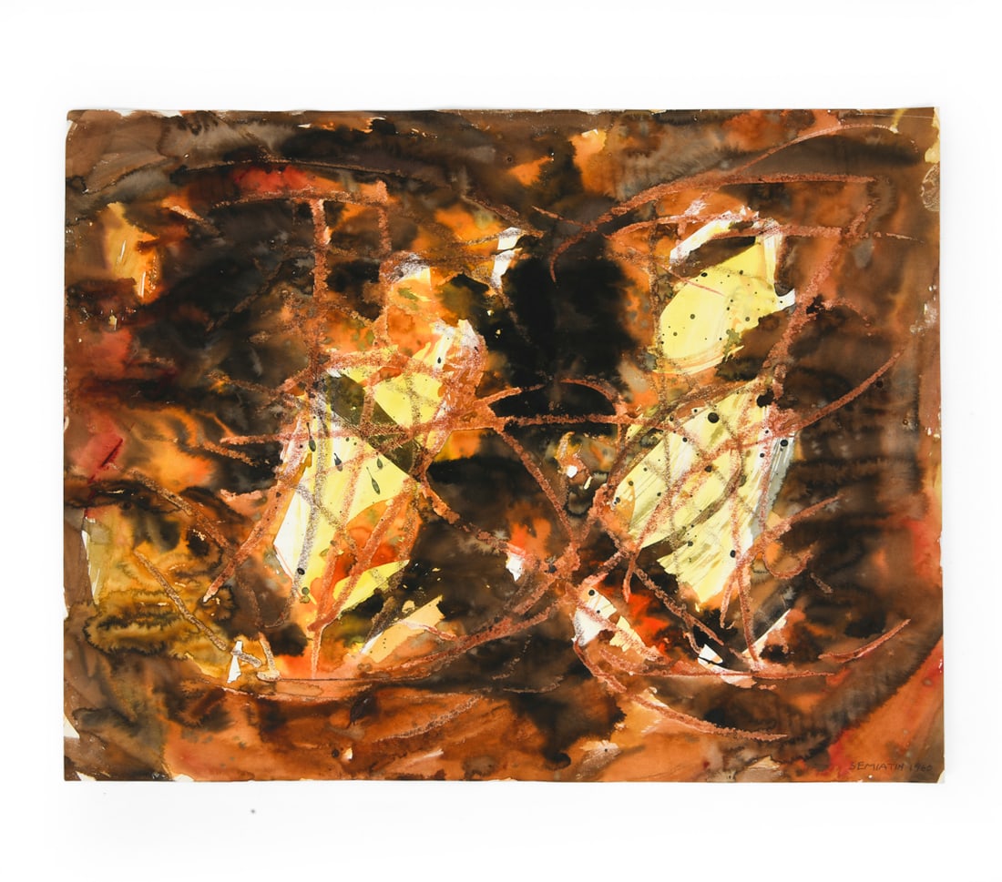JACOB SEMIATIN (1915-2003) MIXED MEDIA: Signed and dated 1960 on bottom right hand corner. Watercolor and crayon. Dimensions: H 17" x W 22" Condition: Wear consistent with age and display.
