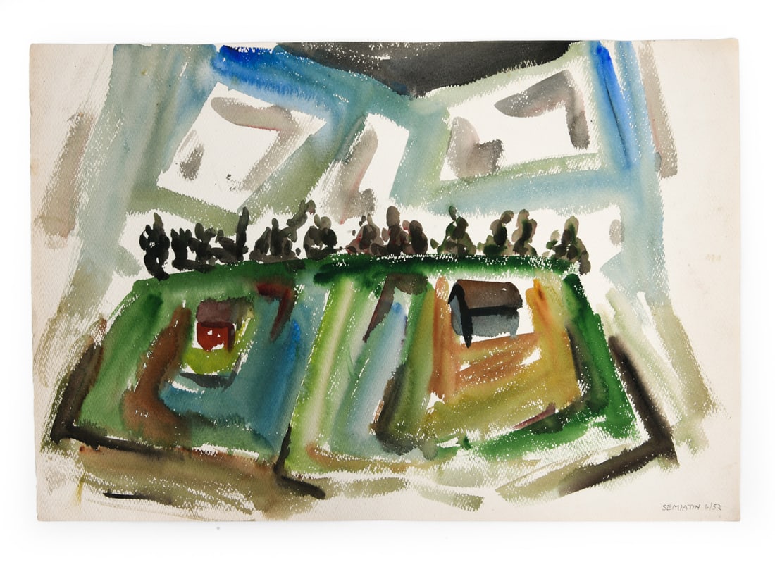 JACOB SEMIATIN (1915-2003) WATERCOLOR: Signed, dated 1952, and 6/52 on bottom right hand corner. Watercolor on paper. "Patton, PA" Dimensions: H 15" x W 22" Condition: Minor wear on edges. Wear consistent with age and display.
