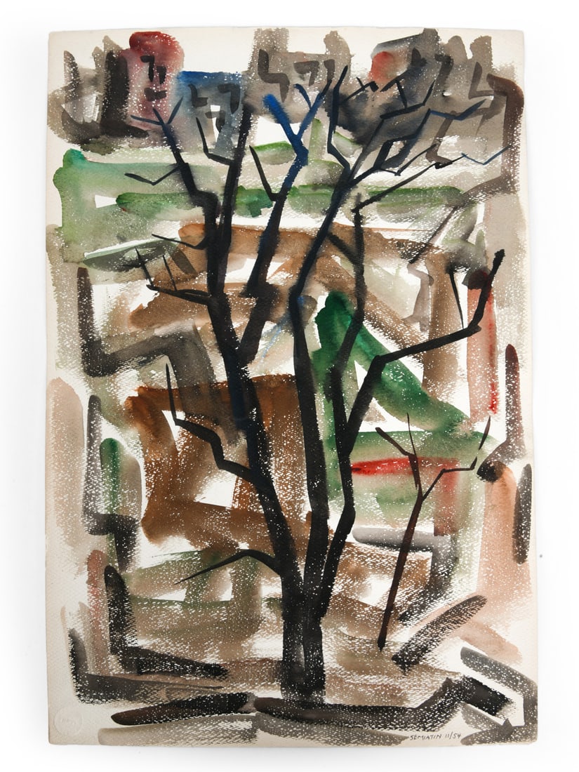 JACOB SEMIATIN (1915-2003) WATERCOLOR: Signed, dated 1954, and 11/54 on bottom right hand corner. Stamped bottom left hand corner. Dimensions: H 22" x W 15" Condition: Wear on edges. Wear consistent with age and display.