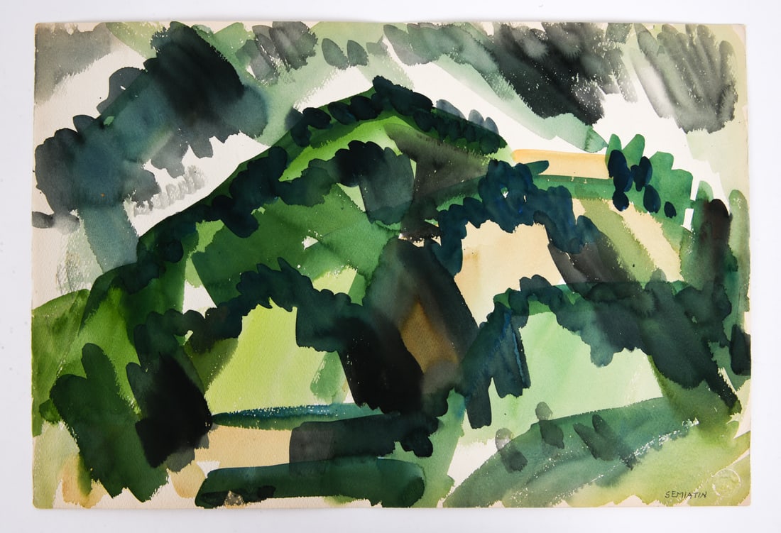 JACOB SEMIATIN (1915-2003) WATERCOLOR: Signed, dated 1956, and stamped bottom right hand corner. "North Branch NY." Watercolor on paper. Dimensions: H 15" x W 22" Condition: Minor wear on edges. Wear consistent with age and display.