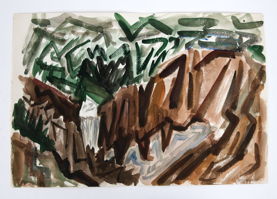 JACOB SEMIATIN (1915-2003) WATERCOLOR: Signed and dated 1952 bottom right hand corner. Watercolor on paper. "Yellowstone Falls" Dimensions: H 15" x W 22" Condition: Minor wear on edges. Wear consistent with age and display.