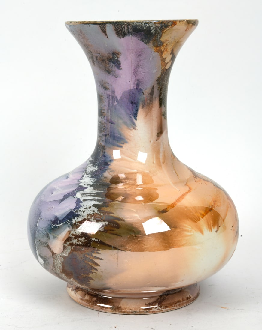 ARABIA FINNISH ART DECO CERAMIC VASE C. 1930S: Marked to base. Marbled luster glaze. Finland, circa 1930s. Dimensions: H 10.5" x Dia. 8.5". Condition: Wear consistent with age and use, including scratches and handling marks. DA_93