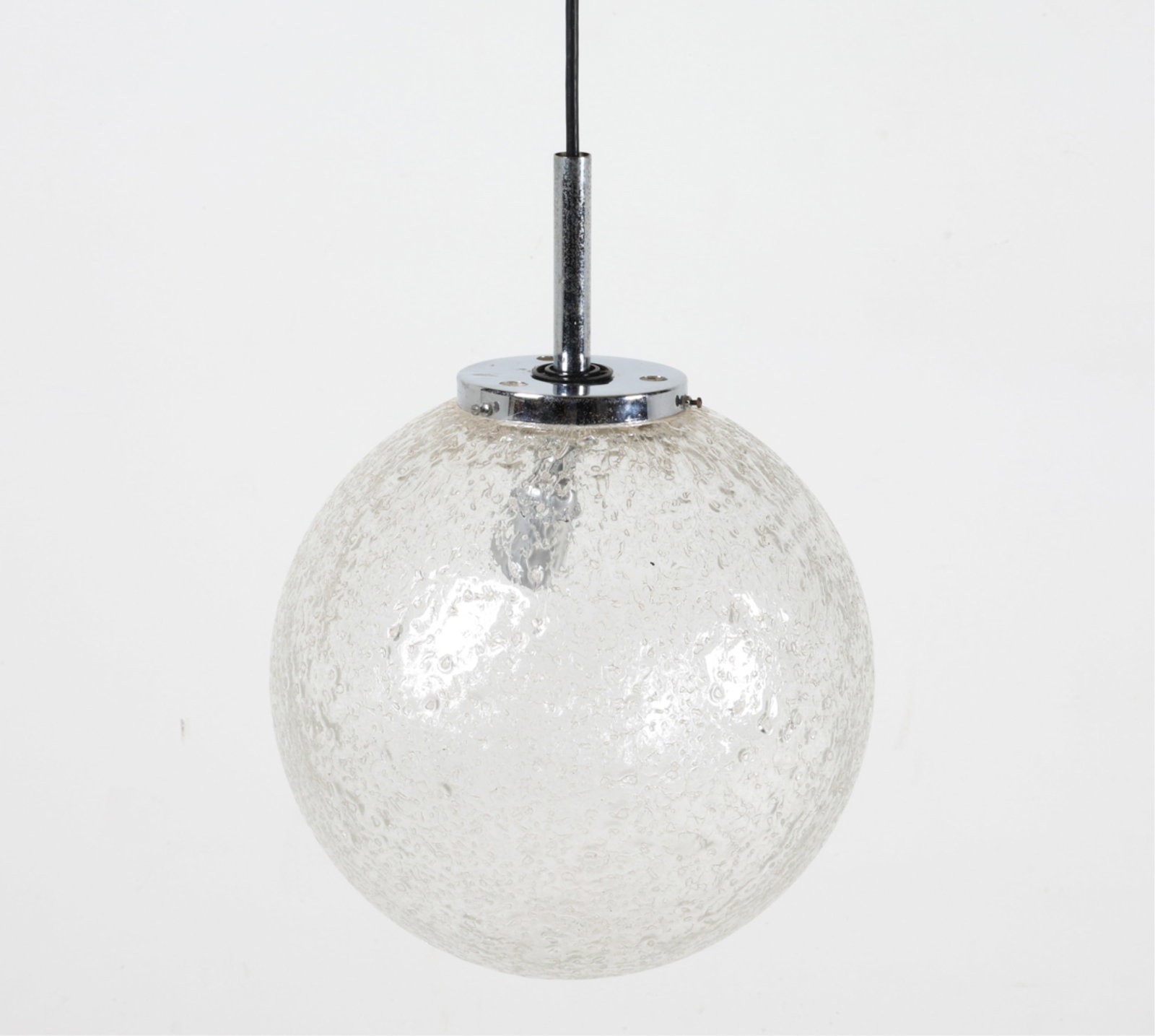 HOFFMEISTER LEUCHTEN GERMAN GLASS GLOBE PENDANT: With steel chrome and aluminum fittings. C.1960's. Marked on mount. Dimensions: Dia. 13". Condition: Wiring untested. Chips to fitter. Possible repair to mount. PI040