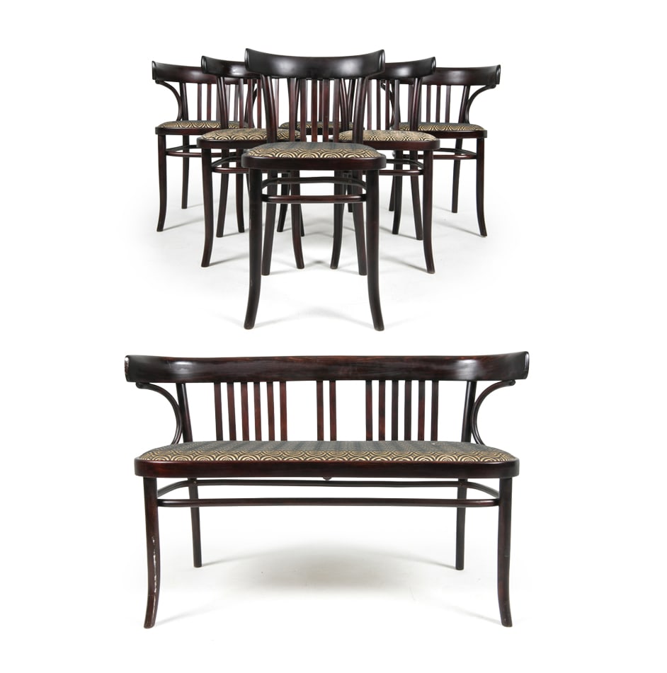 (6) THONET BEECH DINING CHAIRS AND BENCH C. 1940S (1 of 20)