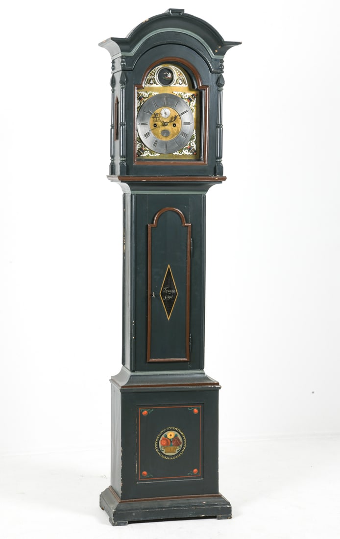 ANTIQUE DANISH PAINTED TALL CASE CLOCK 19TH C.: Keys to case and works included. Tall case clock with painted decoration. Brass works with painted metal dial. Early to mid 19th century. Weights included. Dimensions: H 84" x W 18" x D 11.5".