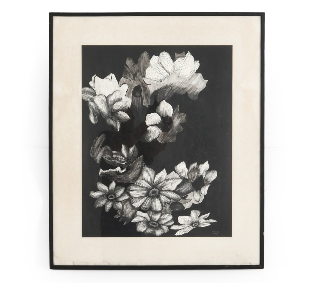 CHRISTIE MEDVED FLORALS SCRATCHBOARD: Signed and dated 1976 on bottom right hand corner. Marked on back. Scratchboard painting. Dimensions: (Frame) H 37" x W 31" (Print) H 28" x W 21.5" Condition: Scuffs and chips on frame. Wear