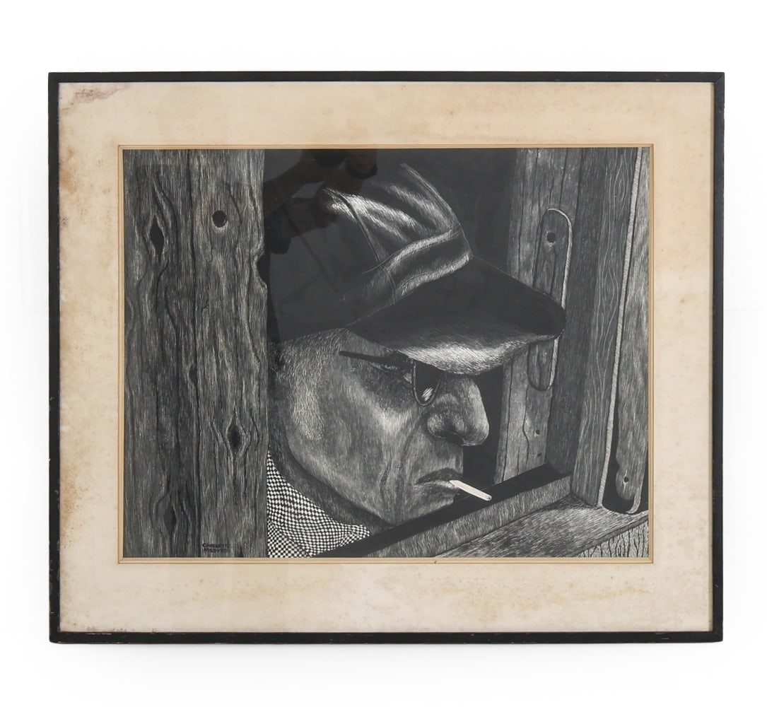 CHRISTIE MEDVED SCRATCHBOARD PORTRAIT: Signed bottom left hand corner. Dimensions: (Frame) H 30" x W 35.5" (Sight) H 21.5" x W 27.5" Condition: Scuffs on frame, foxing and soiling to mat.