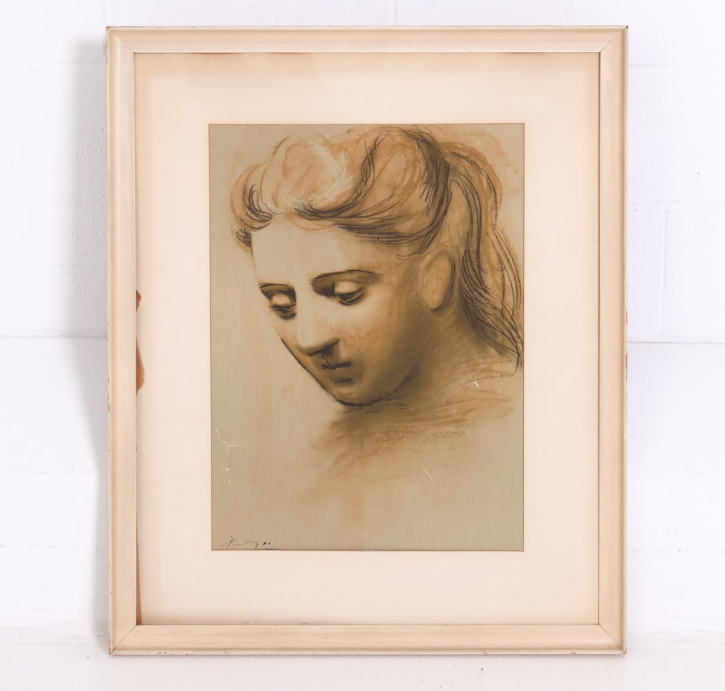 AFTER PICASSO (1881-1973) PORTRAIT SKETCH PRINT: Marked on back. Titled " Head of a Young Girl" Dimensions: (Frame) H 34.5" x W 28.5 (Print) H 24.25" x W 17" Condition: Print loose from frame. Some marks on print. Wear consistent with age and