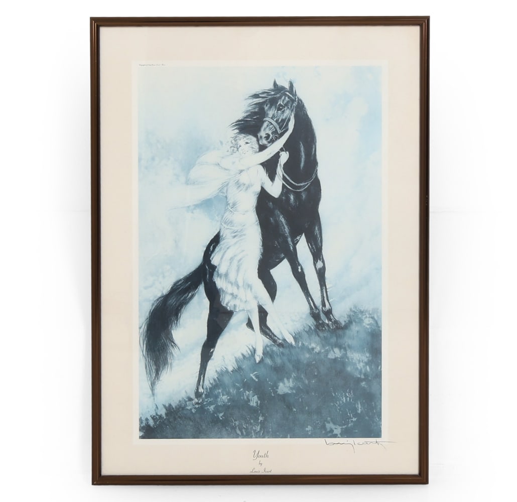 LOUIS ICART LITHOGRAPH: Contemporary print, titled at bottom center, and copyrighted at top left hand corner. Paris, 1930. Titled "Youth". Dimensions: (Frame) H 29.5" x W 21" (Print) H 24" x W 15.5" Condition: Minimal