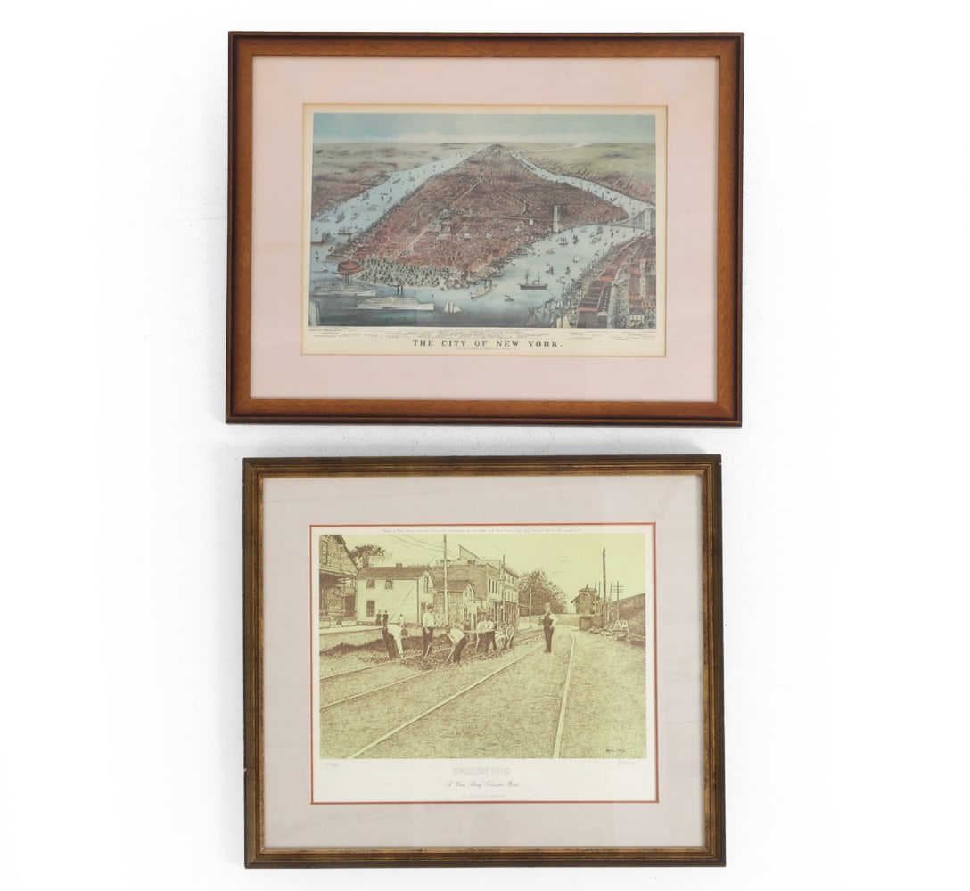 DARIEN AND NEW YORK MAP PRINTS: Darien print is signed on bottom right hand corner. Darien print is 29/400. Both labeled with name of place displayed, artist, and publishers. New York print was done by Parsons & Atwater. Circa