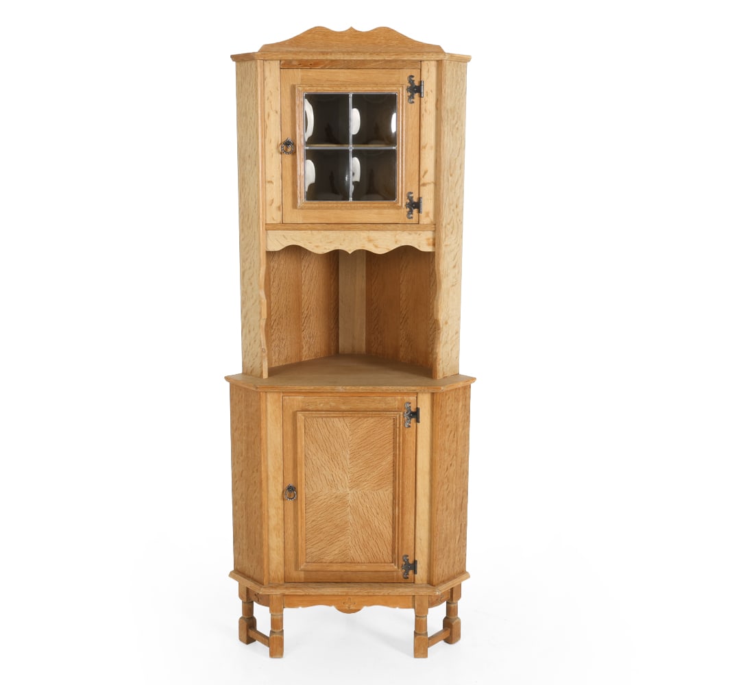 EGEREOLER NORWEGIAN OAK CORNER CABINET C.1970S: Oak corner cabinet. Marked to back. Circa 1970s. Dimensions: H 76" x W 31" x D 18" Condition: Wear consistent with age and use, including discoloration and soiling. Minor scratches. Fading. DA_135