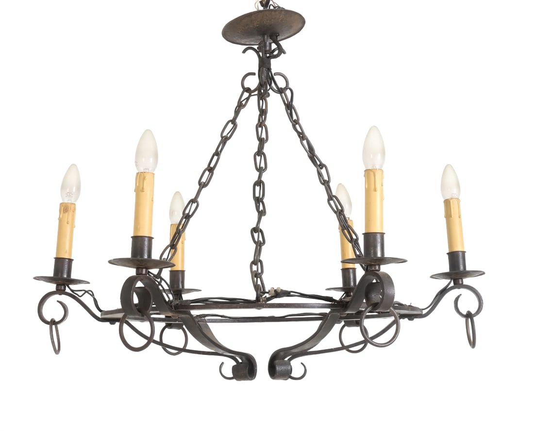 ANTIQUE BAROQUE STYLE WROUGHT IRON CHANDELIER: Wrought iron chandelier featuring 6 arms with candle style sockets. Dimensions: H 26" x Dia 31" Condition: Untested. Wear consistent with age and use, including scuffs to frame. DA_247
