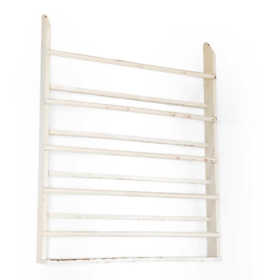 ANTIQUE SWEDISH PAINTED PINE WALL RACK: Hanging wall rack meant for displaying plates or kitchen items. Dimensions: H 49.5" x W 40.25" x D 5" Condition: Wear consistent with age and use. Finish loss and discoloration. DA_224