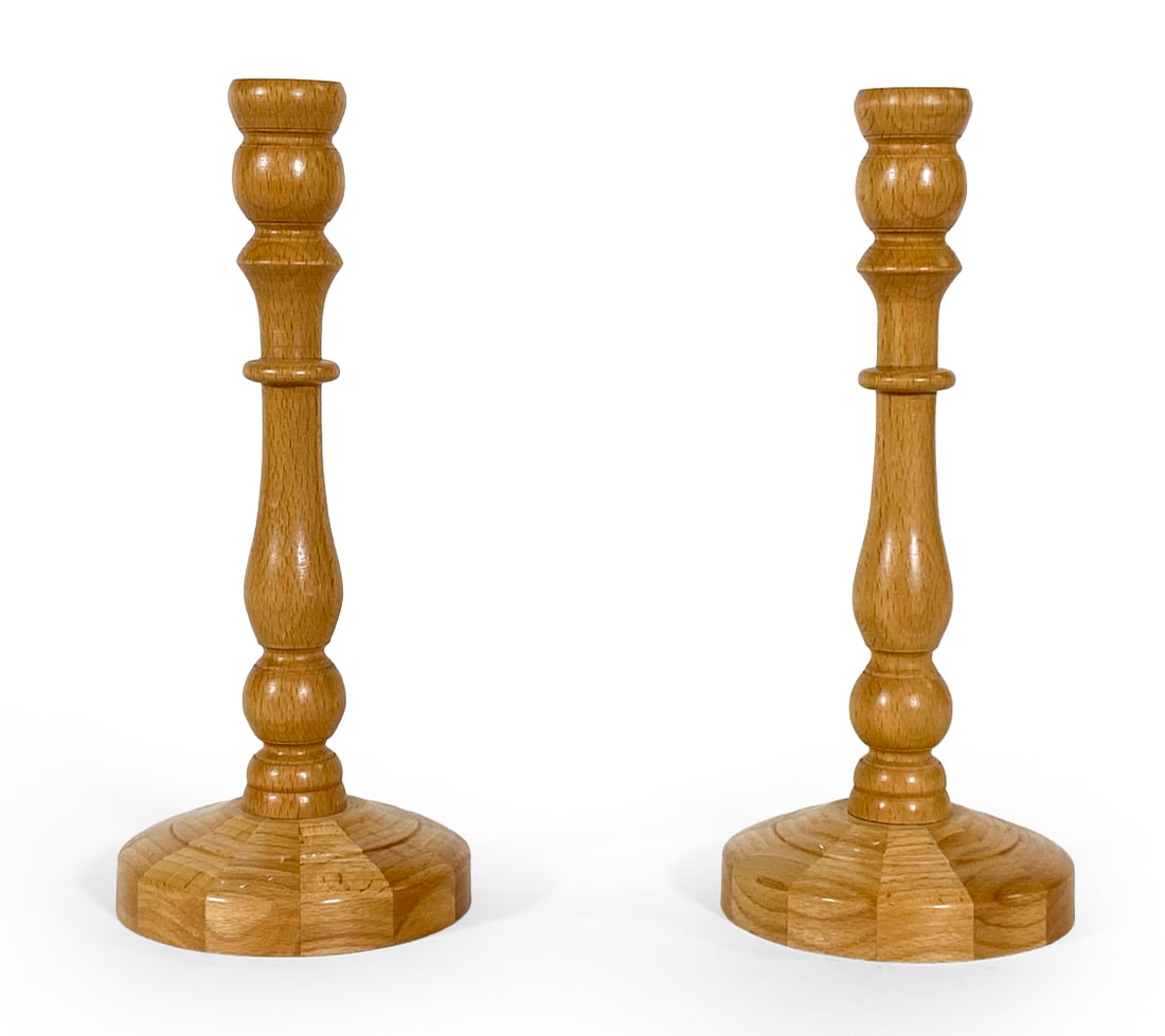 PAIR OF DANISH BEECH CANDLE HOLDERS C. 1970S: (2) Carved beech wood candle holders. Dimensions: H 10.5" x Dia. 4.75". Condition: Slight separation at base of one. Wear consistent with age and use. V166