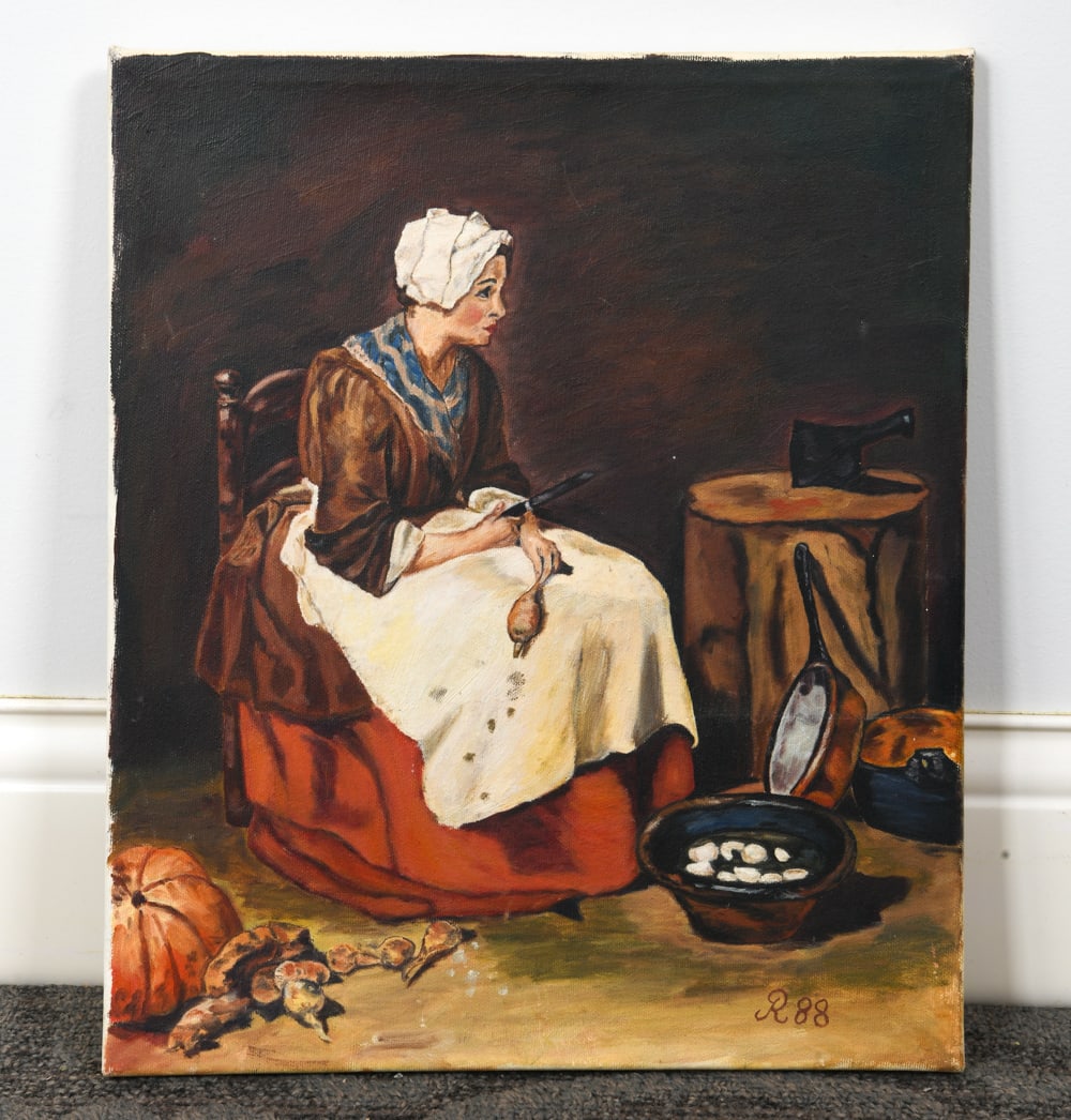 DANISH PORTRAIT O/C PAINTING: Image of a Danish woman cooking. Signed "R88" lower right. Oil on canvas. Unframed. Late 20th c. Dimensions: H 17" x W 14.25" Condition: Wear consistent with age and use. Minor scuffs to surface.