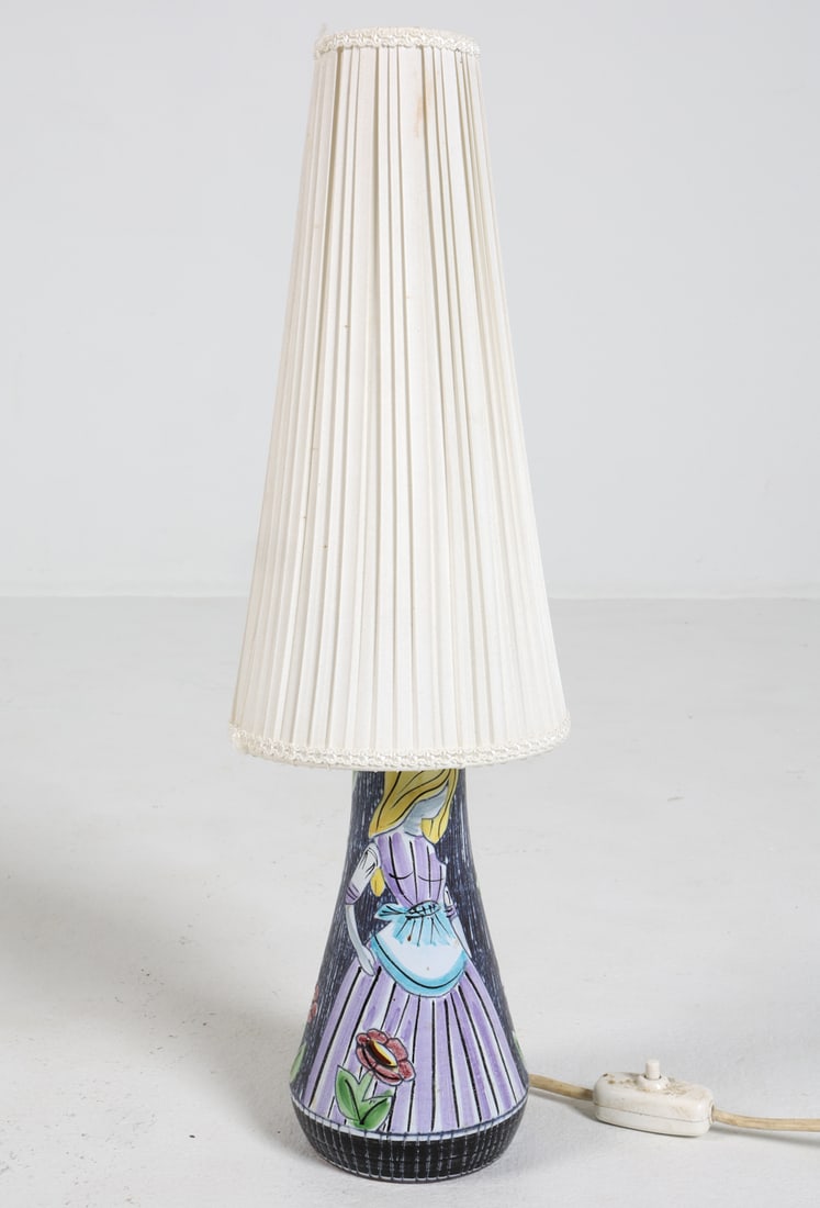 SWEDISH STUDIO CERAMIC TABLE LAMP C. 1970S: Marked under base and signed to side near bottom, 'Mi'. Sweden, circa 1970s. Dimensions: H 20" x Dia. 4.5". Condition: Wiring untested, cord cut. Minor scuffs. Some surface soiling to shade. Wear
