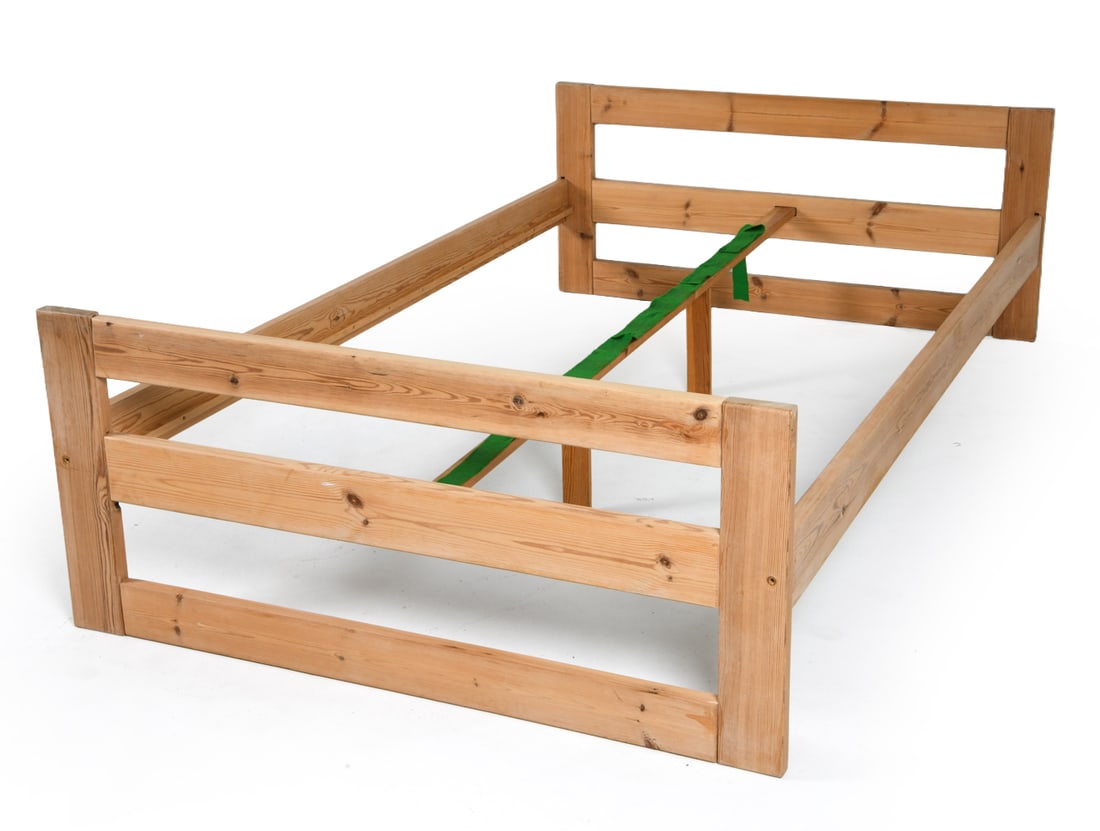SCANDINAVIAN PINE BED FRAME C. 1970S: Scandinavian, circa 1970s. Dimensions: H 22" x W 49.5" x D 81.5" : Interior W 46.5" x D 79" Condition: Wear consistent with age and use including rubs and scuffs to frame.