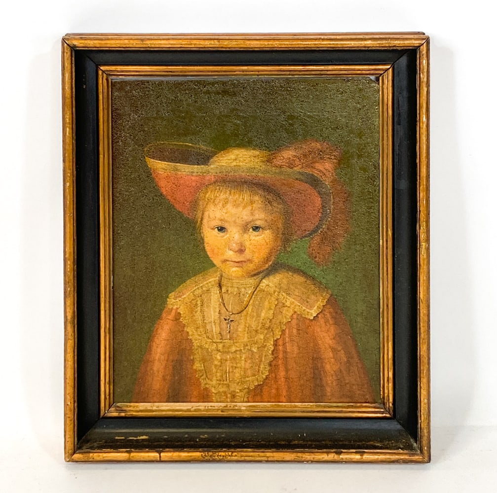 AFTER JACOB GERRITSZ CUYP PORTRAIT OF A BOY: Signed on back. Reproduction of work by Jacob Gerritsz Cuyp, portrait of a child in a red-lined straw hat. Oil on board. 20th century. Dimensions: Frame H 23" x W 18.5". Board H 18.75" x W 14.75".
