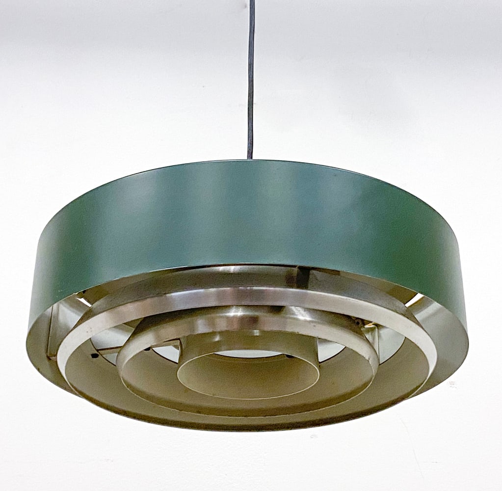 ANDERS PEHRSON STYLE SCANDINAVIAN PENDANT LIGHT: Metal pendant light with green accent to outer shade. Scandinavian, circa 1970s. Dimensions: H 7.75" x Dia. 14.25". Condition: Wiring untested. Scuffs and scratches, minor surface soiling. Wear consis