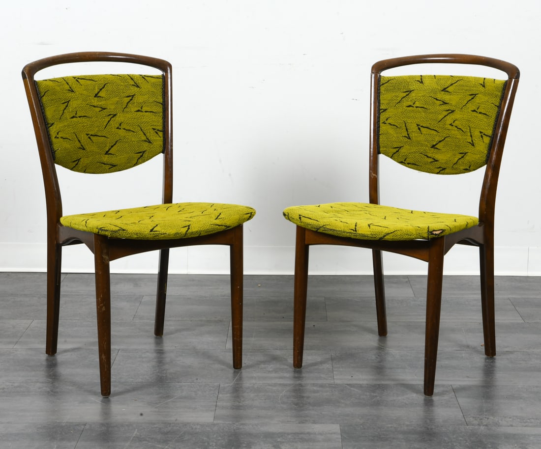 PAIR OF SCANDINAVIAN BEECH CHAIRS C. 1960S: Beech frames with green patterned fabric upholstery. Scandinavian, circa 1960s. Dimensions: H 32.5" x W 17.5" x D 16.5" x SH 18". Condition: Scratches and dings to frames. Losses to fabric, Previous