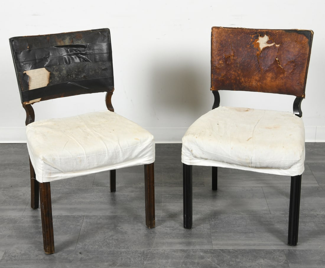 SCANDINAVIAN BEECH & LEATHER CHAIRS: (2) Chairs with oak frames and leather upholstery. Fabric coverings over seat. Brass tacks accents. Scandinavian, early to mid 20th century. Dimensions: H 35" x W 19" x D 18.5" x SH 19". Condition: