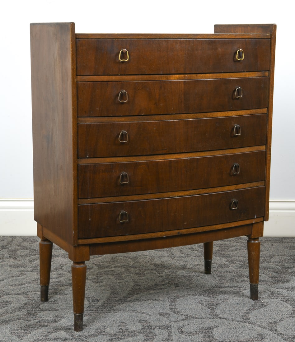 SCANDINAVIAN WALNUT SIDE CHEST 1960S: Walnut bow-front chest of drawers with brass pulls. Brass capped feet. Scandinavian, circa 1960s. Dimensions: H 29.5" x W 22.25" x D 12". Condition: Small scuffs, rubs, and dings. Scuffs inside