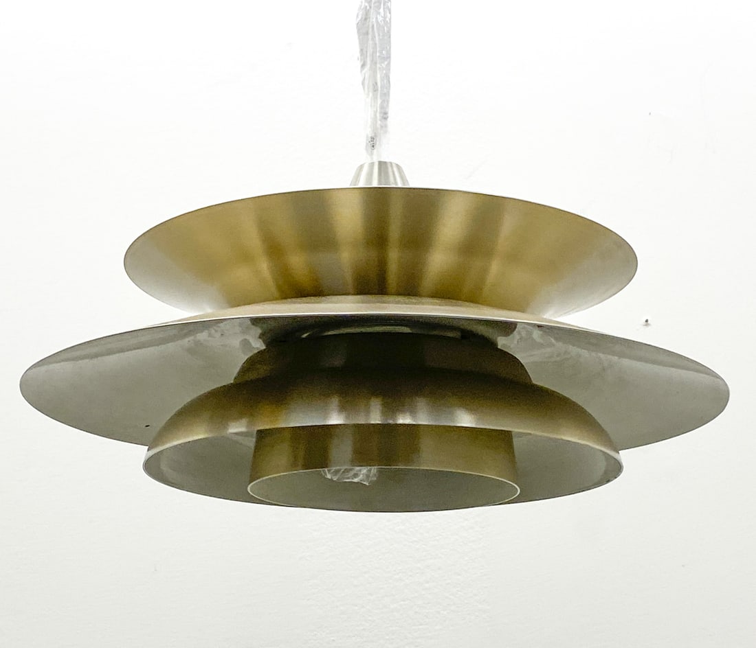 DANISH PENDANT LIGHT: Apparently unmarked. Denmark, circa 1970s. Dimensions: H 6" x Dia 16" Condition: Wear consistent with age and use. Untested. Some soiling. Missing socket.