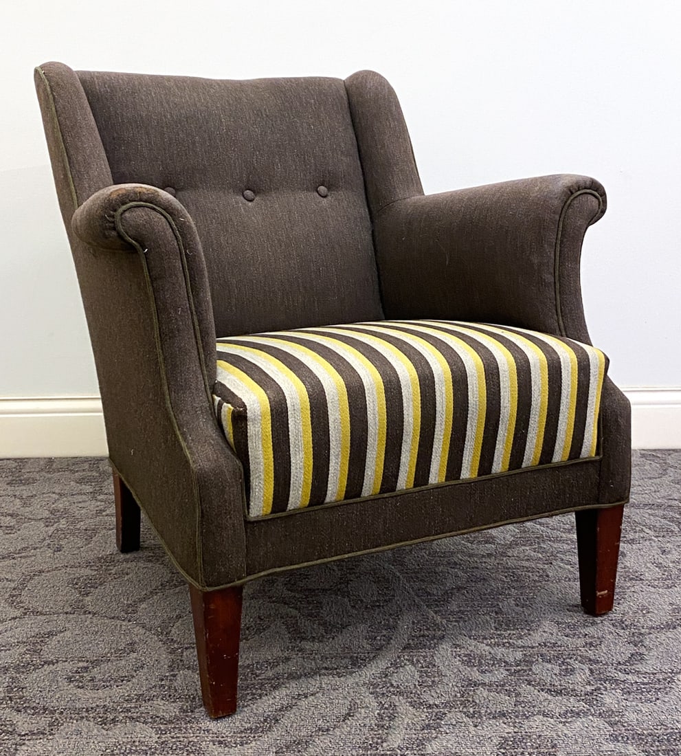 HENNINGSEN STYLE DANISH LOUNGE CHAIR C. 1940S: Lounge chair with striped design to seat. Stained beech feet. Denmark, circa 1940s. Dimensions: H 30.5" x W 29" x D 26" x SH 15.5". Condition: Rubs and thinning to fabric with small patched hole to