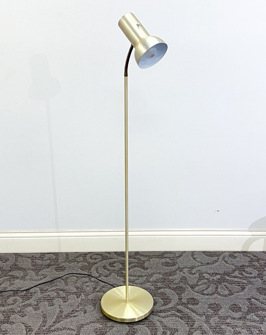 SCANDINAVIAN GOOSENECK FLOOR LAMP: Brass toned metal. Apparently unmarked. Dimensions: H 51.25" x W 10" x D 10" Condition: European plug, Not tested, Minor rubs and scratches to base and stem, Wear consistent with age and use. Pitting.