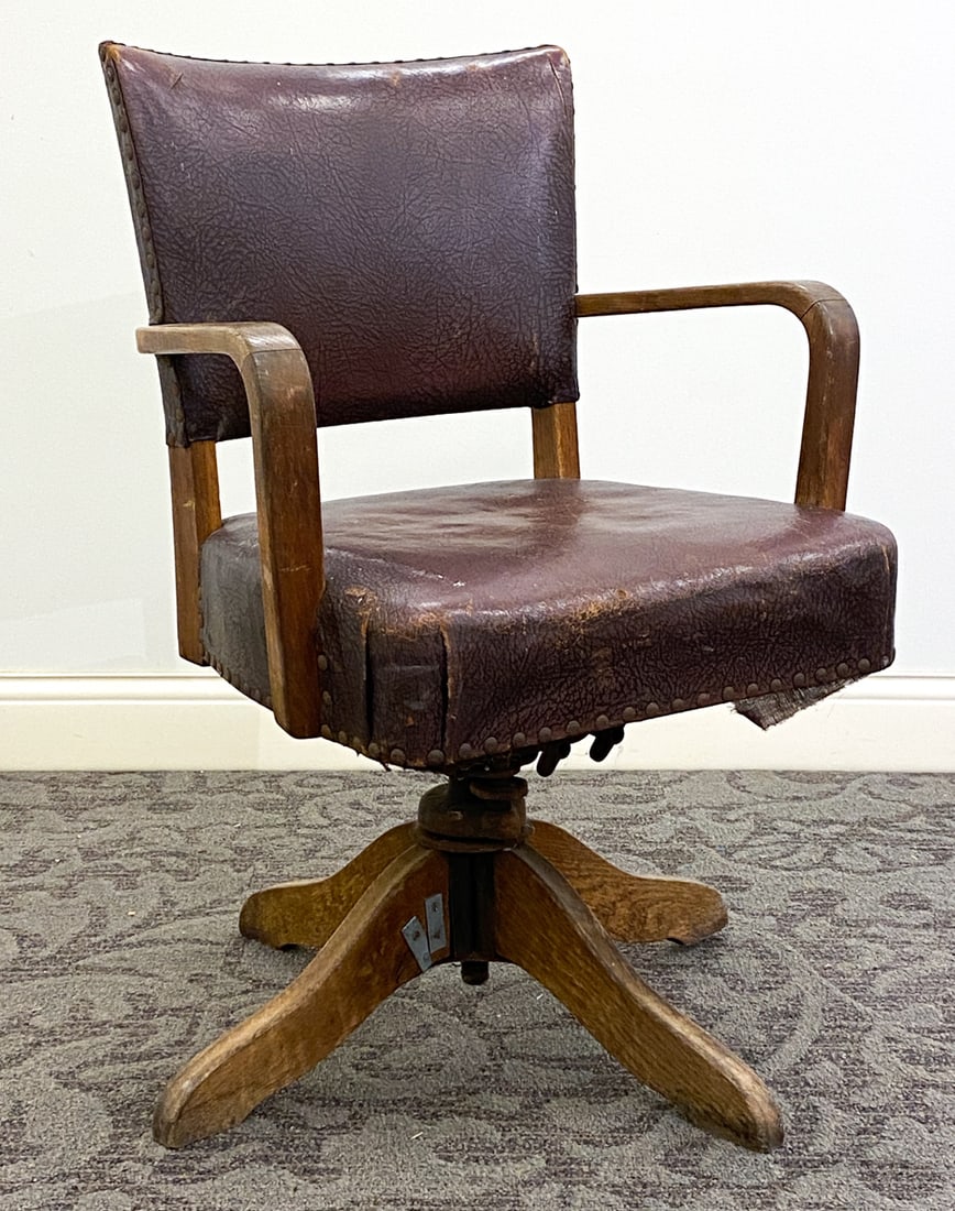 ART DECO OAK & LEATHER SWIVEL CHAIR (1 of 11)