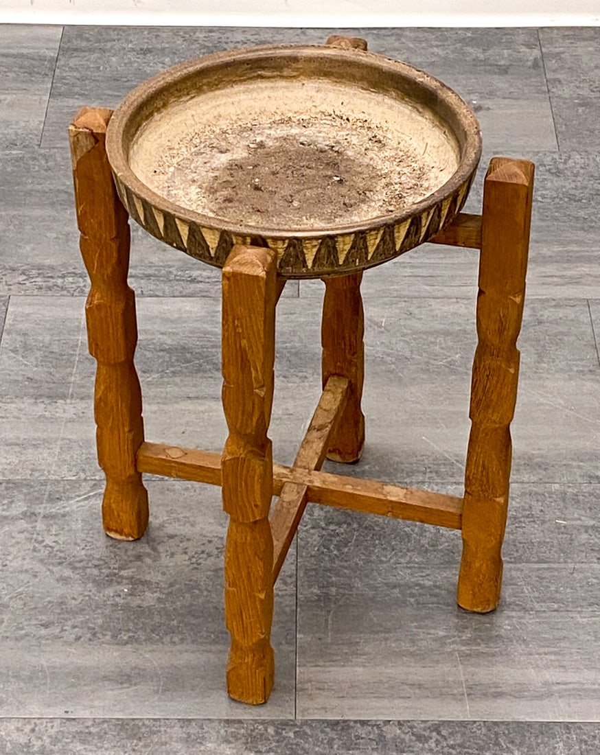 LOVEMOSE DANISH CERAMIC & OAK PLANTER C. 1960S: Ceramic bowl and oak frame. Marked underneath. Dimensions: H 17.75" x Dia 14.5" Condition: Wear consistent with age and use. Scuffs, fading, watermarks to frame.