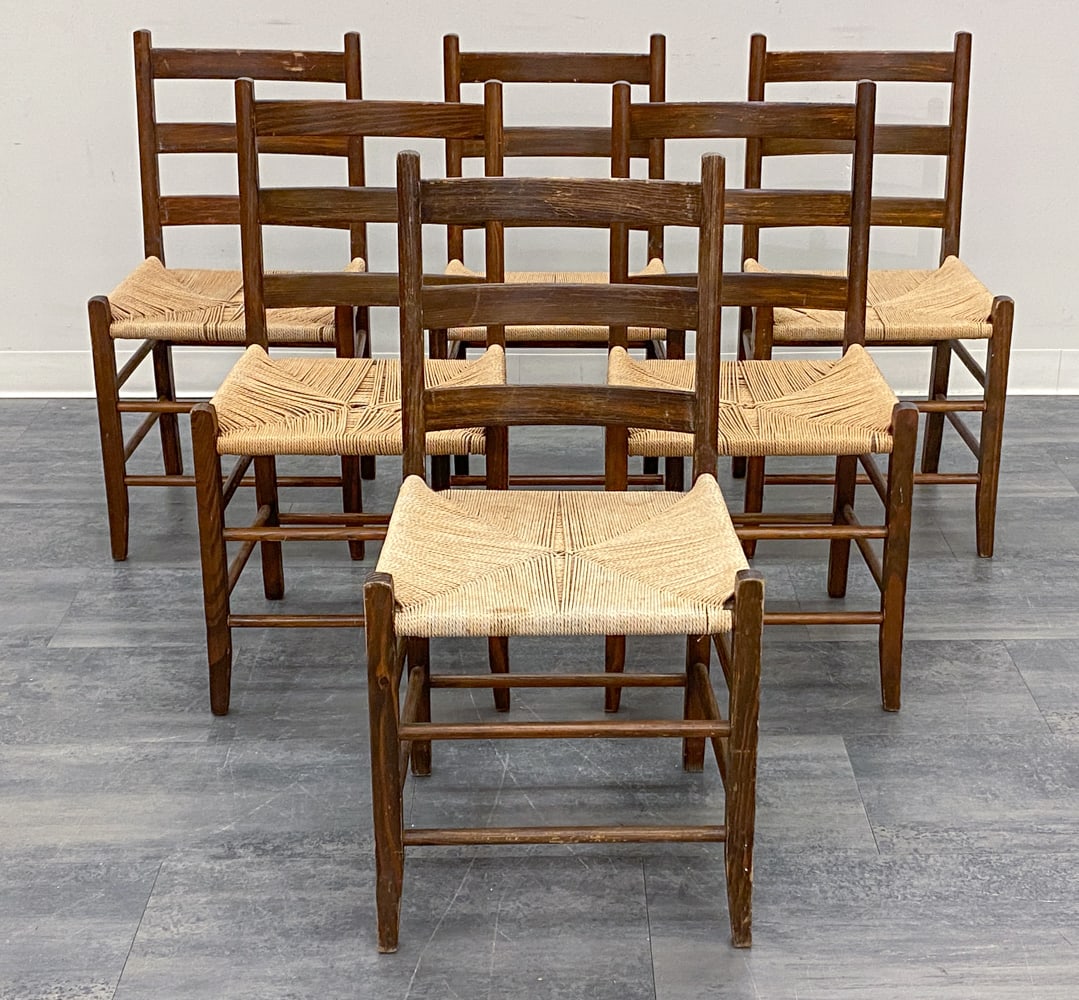 (6) SCANDINAVIAN PINE AND CORD DINING CHAIRS 1950S: Stained pine frame and cord seats. Denmark, circa 1950s. Dimensions: H 34" x W 16" x D 16.5" x SH 18" Condition: Wear consistent with age and use. Scuffs, nicks, dings, indentations, fading to frame.