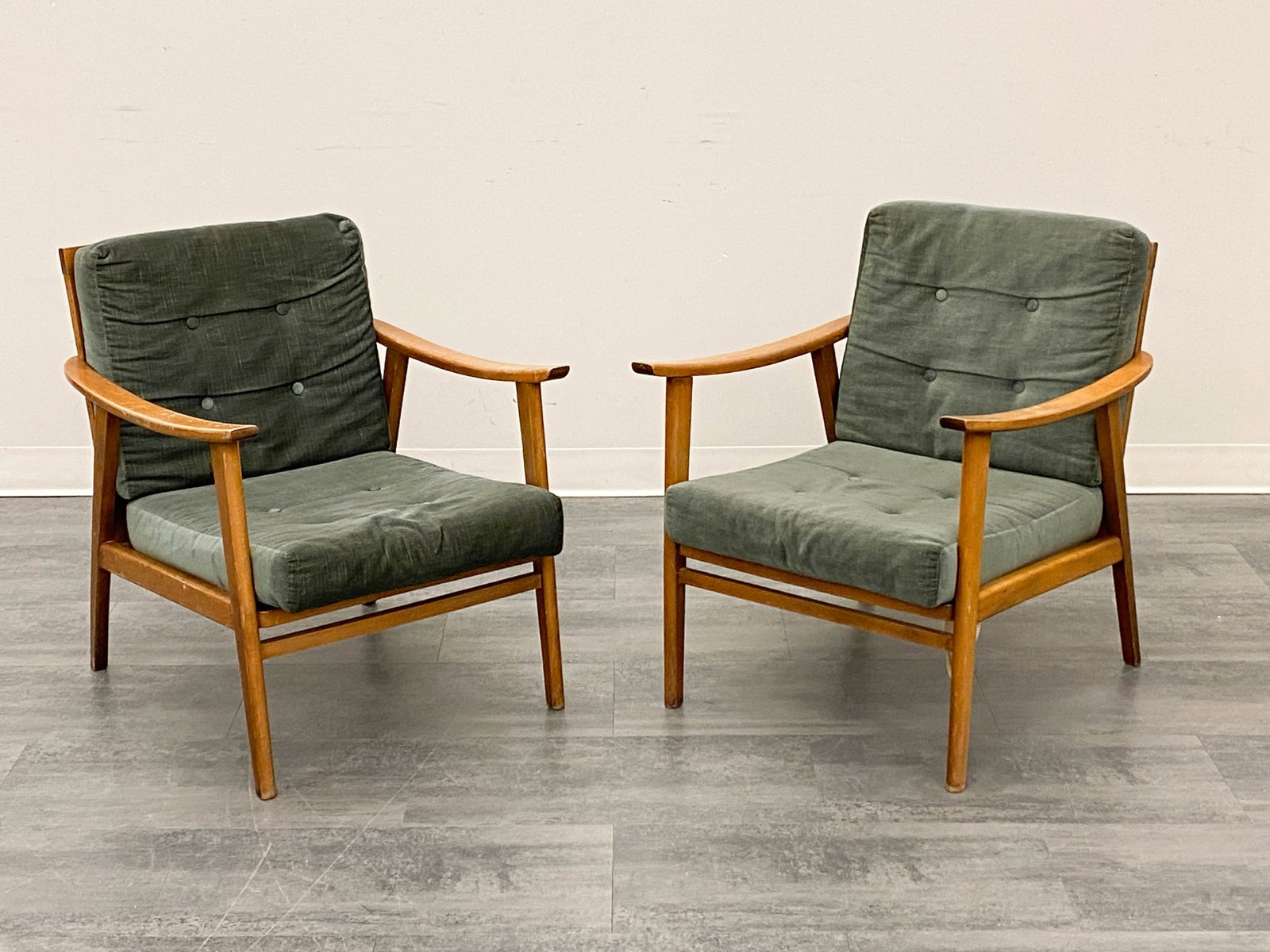 PAIR DANISH BEECH AND VELOUR LOUNGE CHAIRS 1950S (1 of 12)