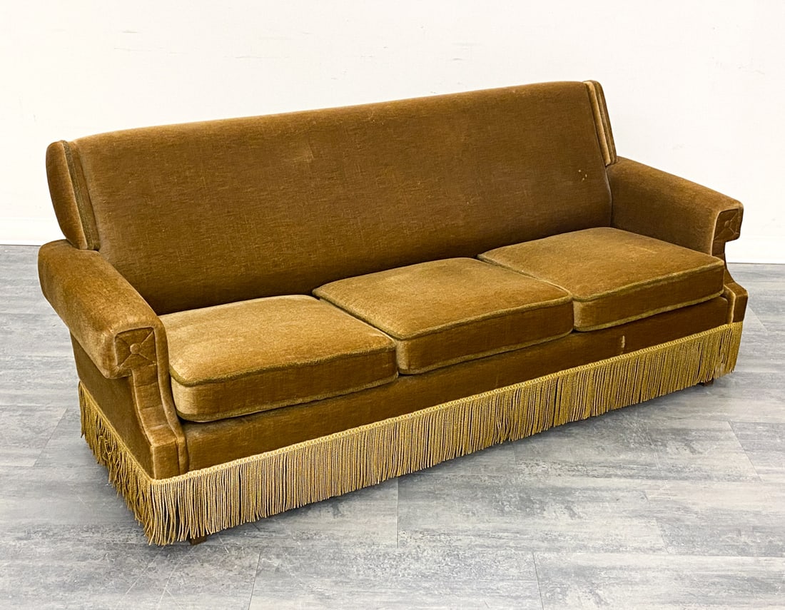 VINTAGE SCANDINAVIAN MOHAIR SOFA C. 1950S: Three-seat sofa with mohair upholstery and fringe details. Circa 1950s. Dimensions: H 34" x W 74.5" x D 29" x SH 16" Condition: Wear consistent with age and use. Fading. some light marks to backrest.